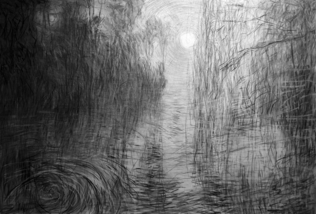 Sunset Estuary, charcoal on paper — Russell Gilder, the invented drawing that became the painting Mortimer Lake at Dusk